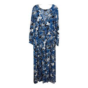 Eloquii Maxi Dress Plus Size 22 Long Sleeve Faux Wrap Blue Floral High Side Slit